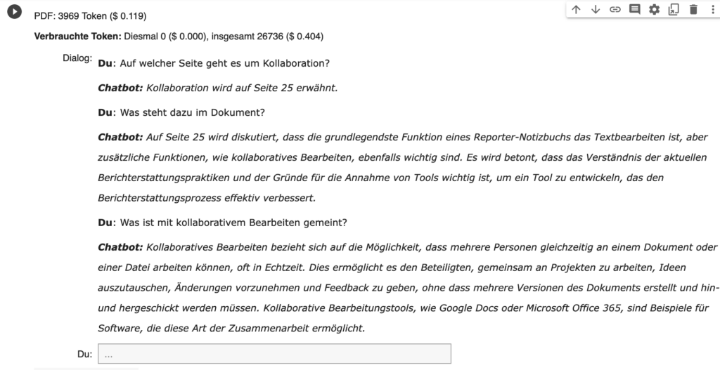 Gesprächsverlauf mit dem Tool: Erklärt, dass Informationen zu Kollaborationstools auf Seite 25 zu finden sind, und wobei es darum geht. 