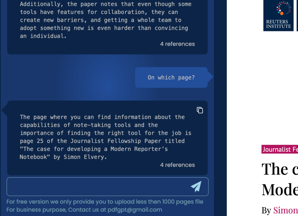 Q&A zu dem Reuters-Papier mit pdfgpt.io: Das Tool beantwortet die Frage nach der Fundstelle zu Kollaboration wie vorher mein Tool mit "Seite 25". 